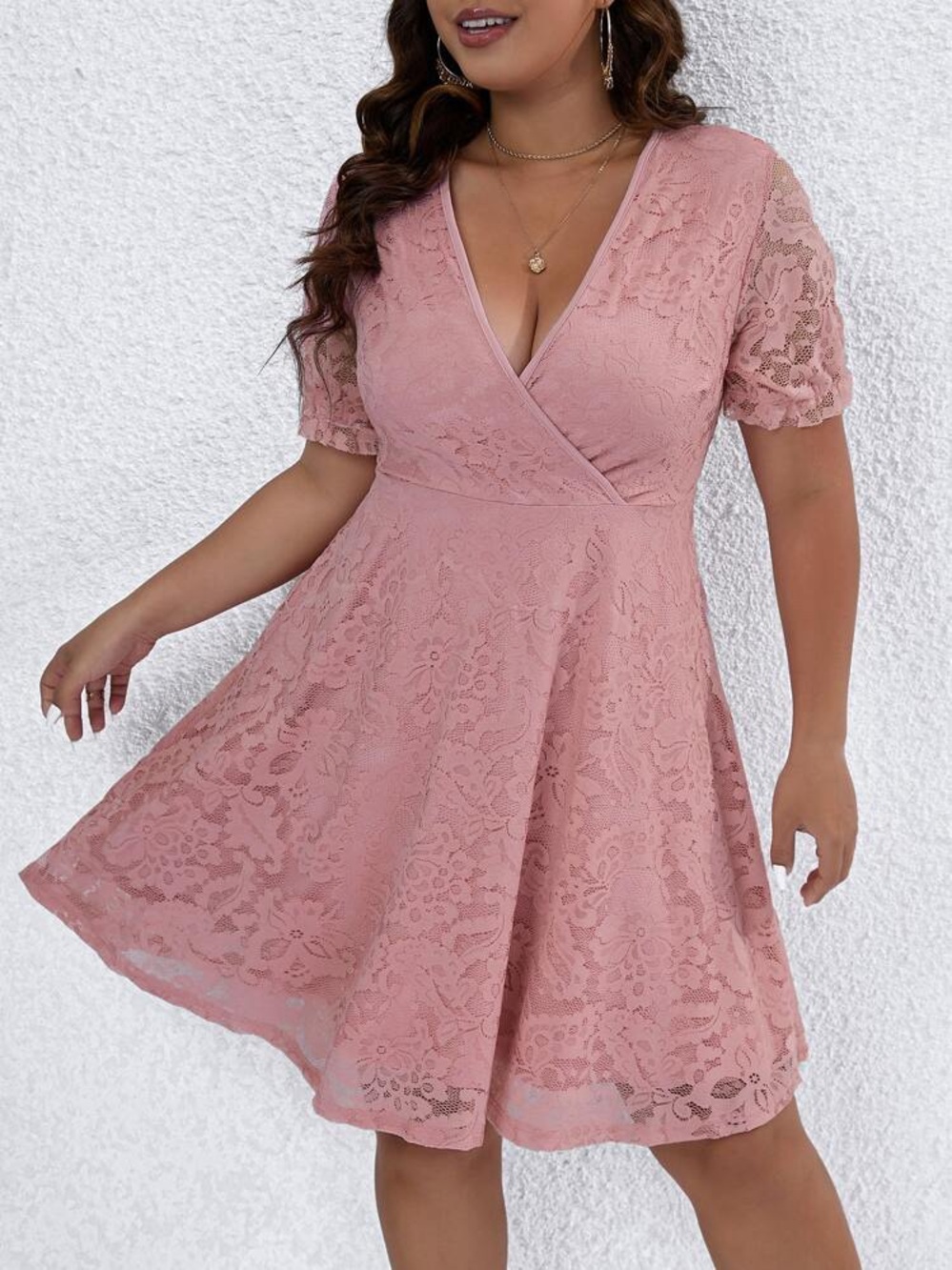 Women’s Lune Plus Surplice Neck Puff Sleeve Pink Lace Dress Size 2X
